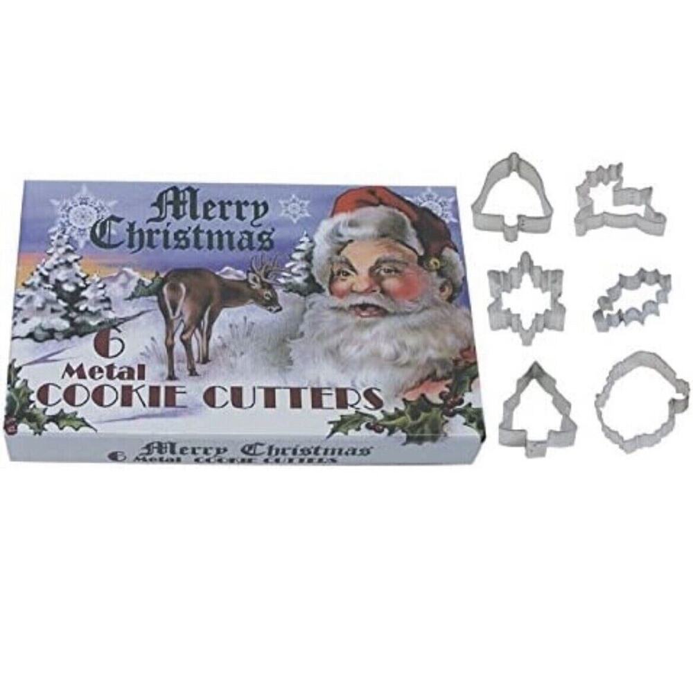 Merry Christmas 6 Metal Cookie Cutters 2004 Tree Santa Star Bell Holly Reindeer